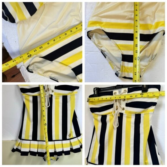 Juicy Couture Pleated Skirt Striped Nautical Swimsuit One Piece Pin Up Retro M - Picture 11 of 16